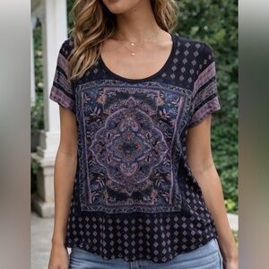 Lucky Brand Women's Black and Lavender Patterned Tee